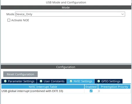 CubeMX configuration for USB