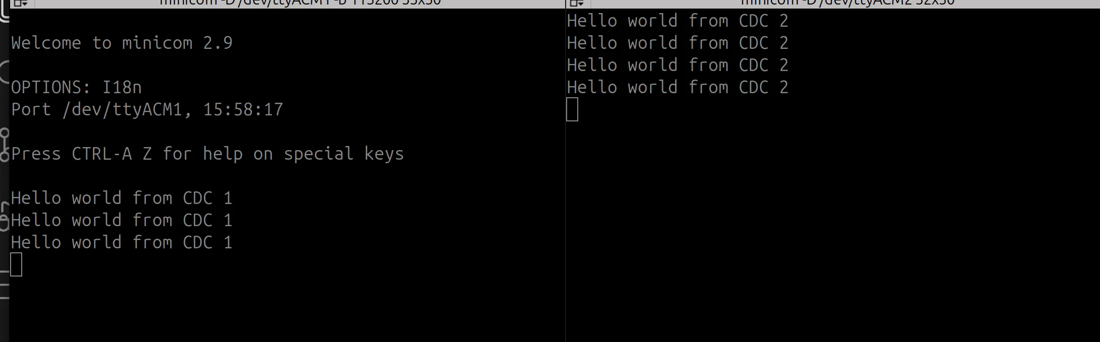 Minicom output for ACM1 and ACM2